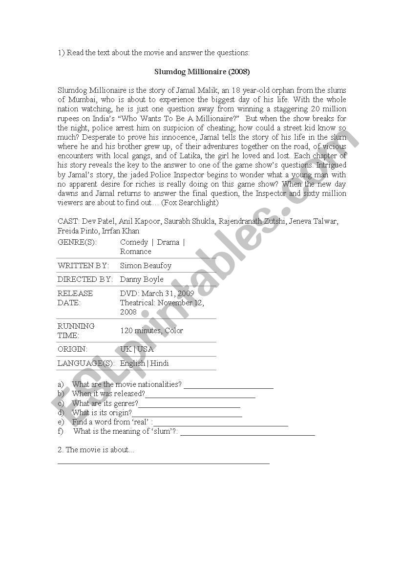 Slumdog Millionaire worksheet