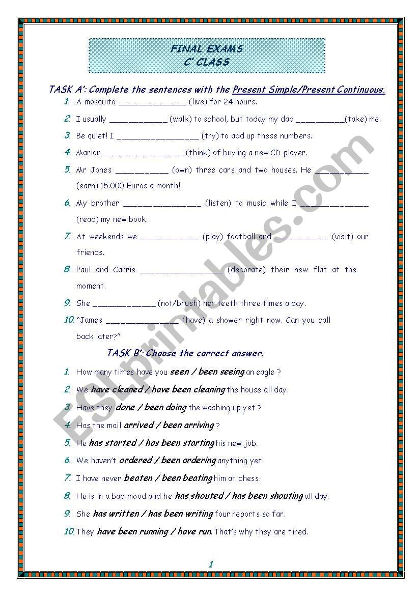 grammar test c class worksheet