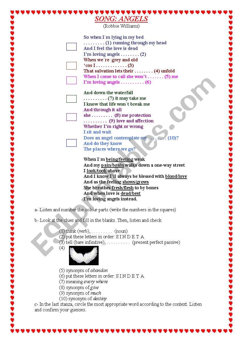 Song ANGLES (Robbie Williams) worksheet