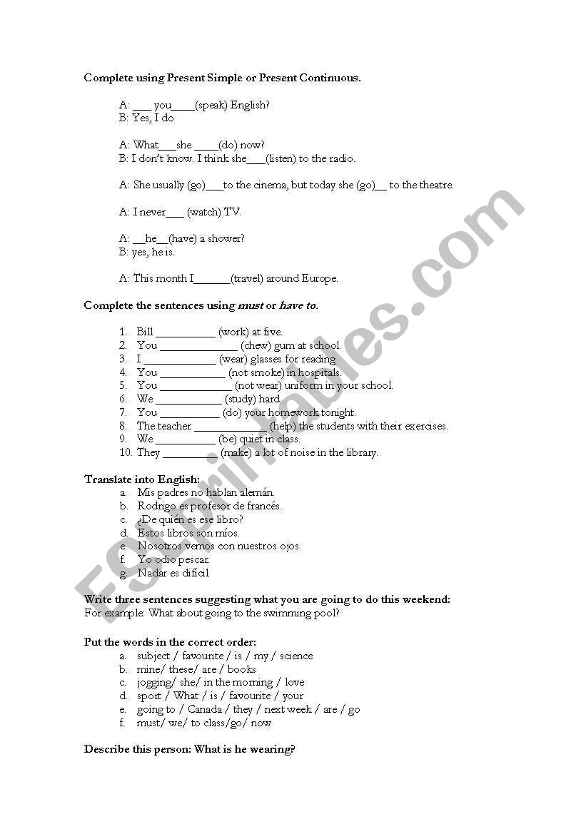 test of english worksheet