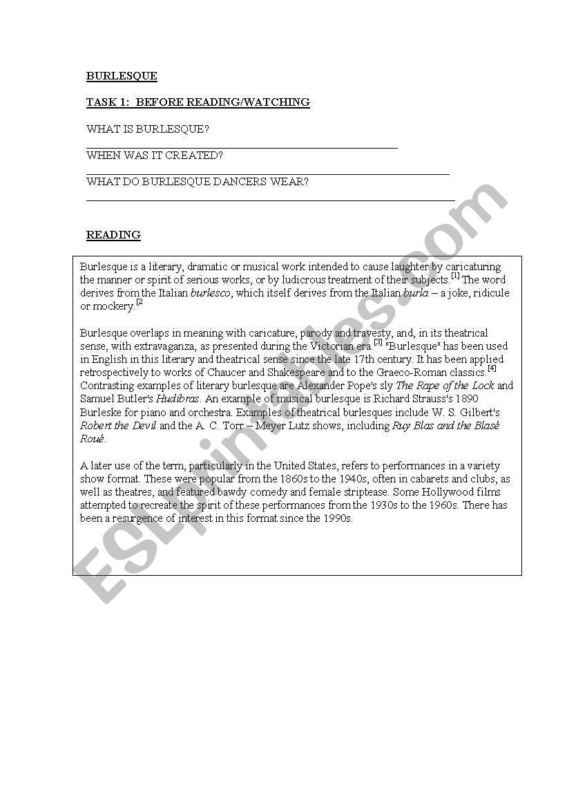 burlesque worksheet