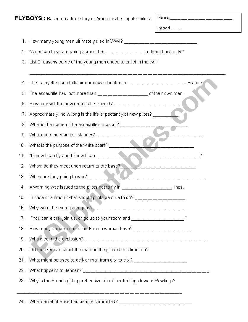 Flyboys Video Questions worksheet