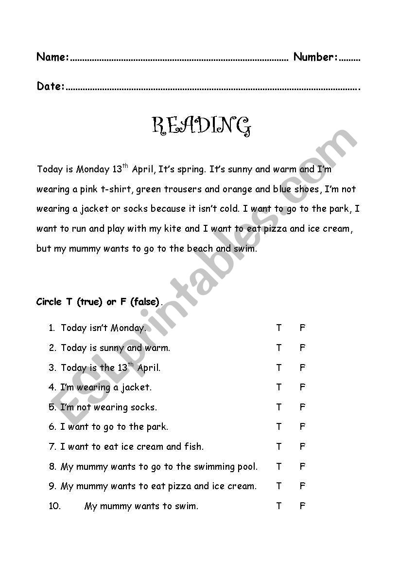 Reading worksheet