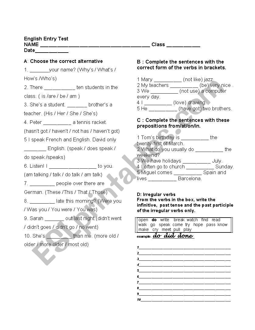 entry test intermediate level worksheet