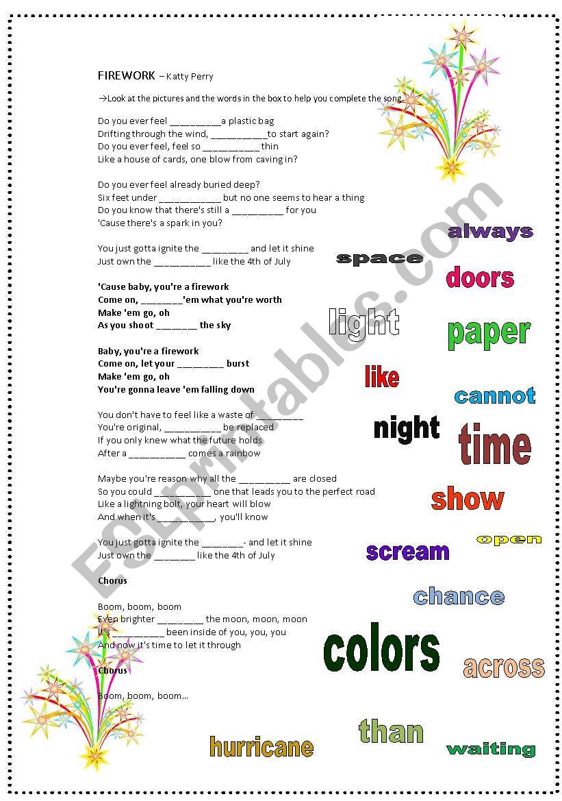 FIREWORK - song activity worksheet