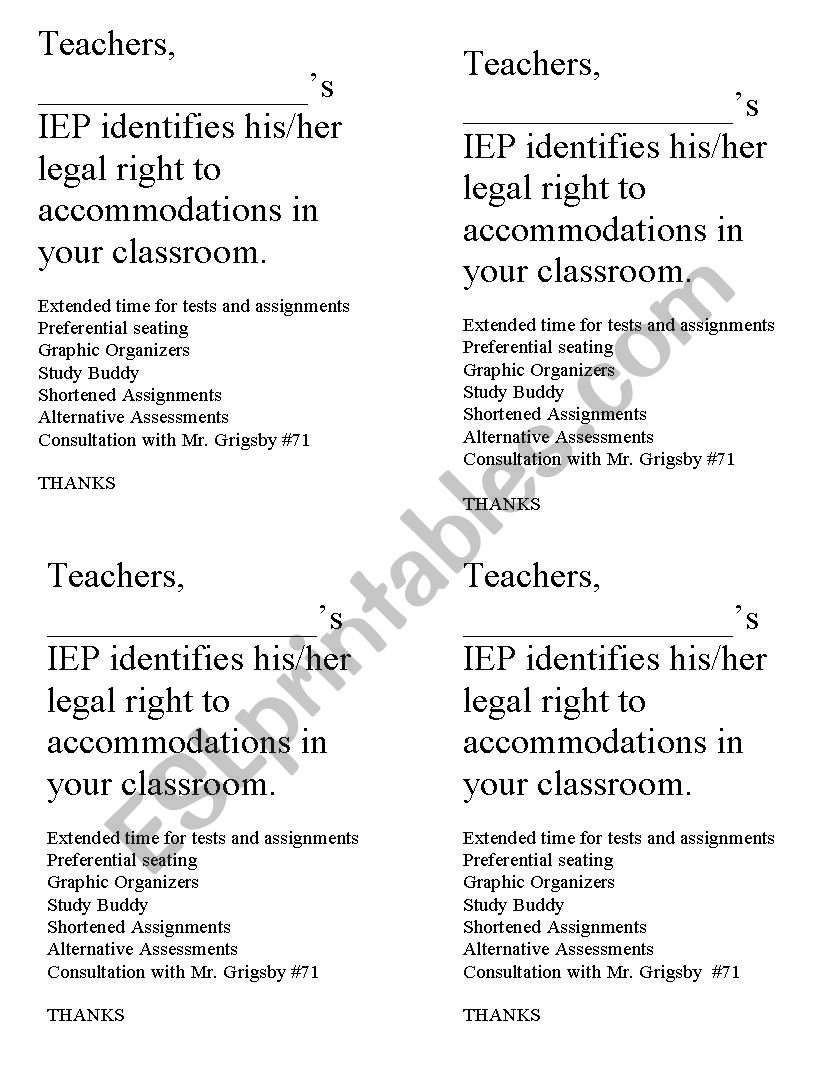 reader accommodations worksheet