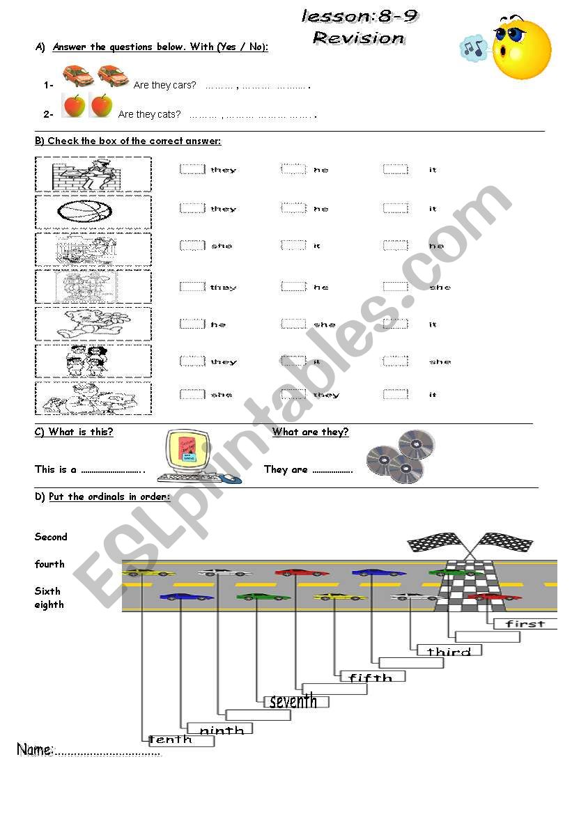 pronous and ordinals worksheet