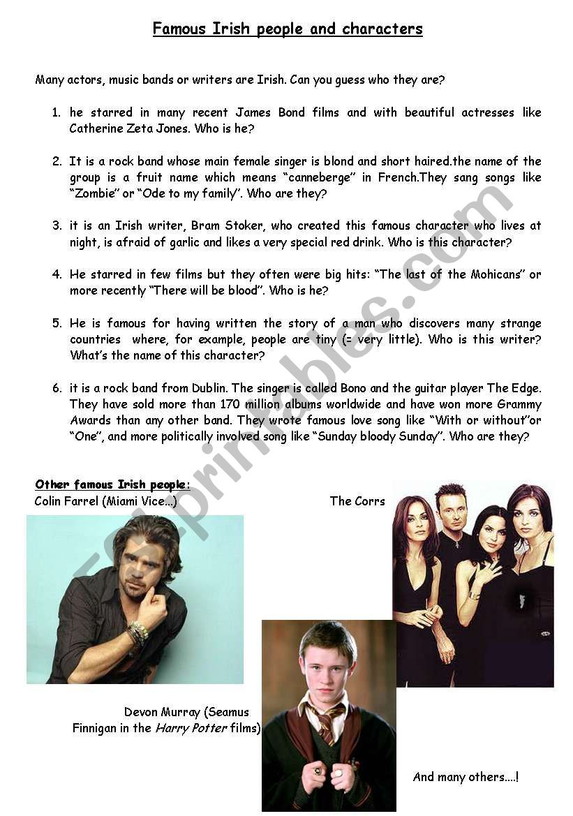 Famous Irish people worksheet