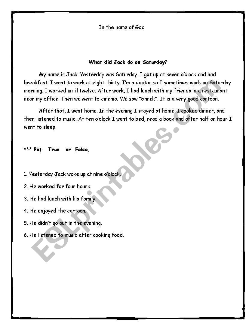 Reading Test worksheet