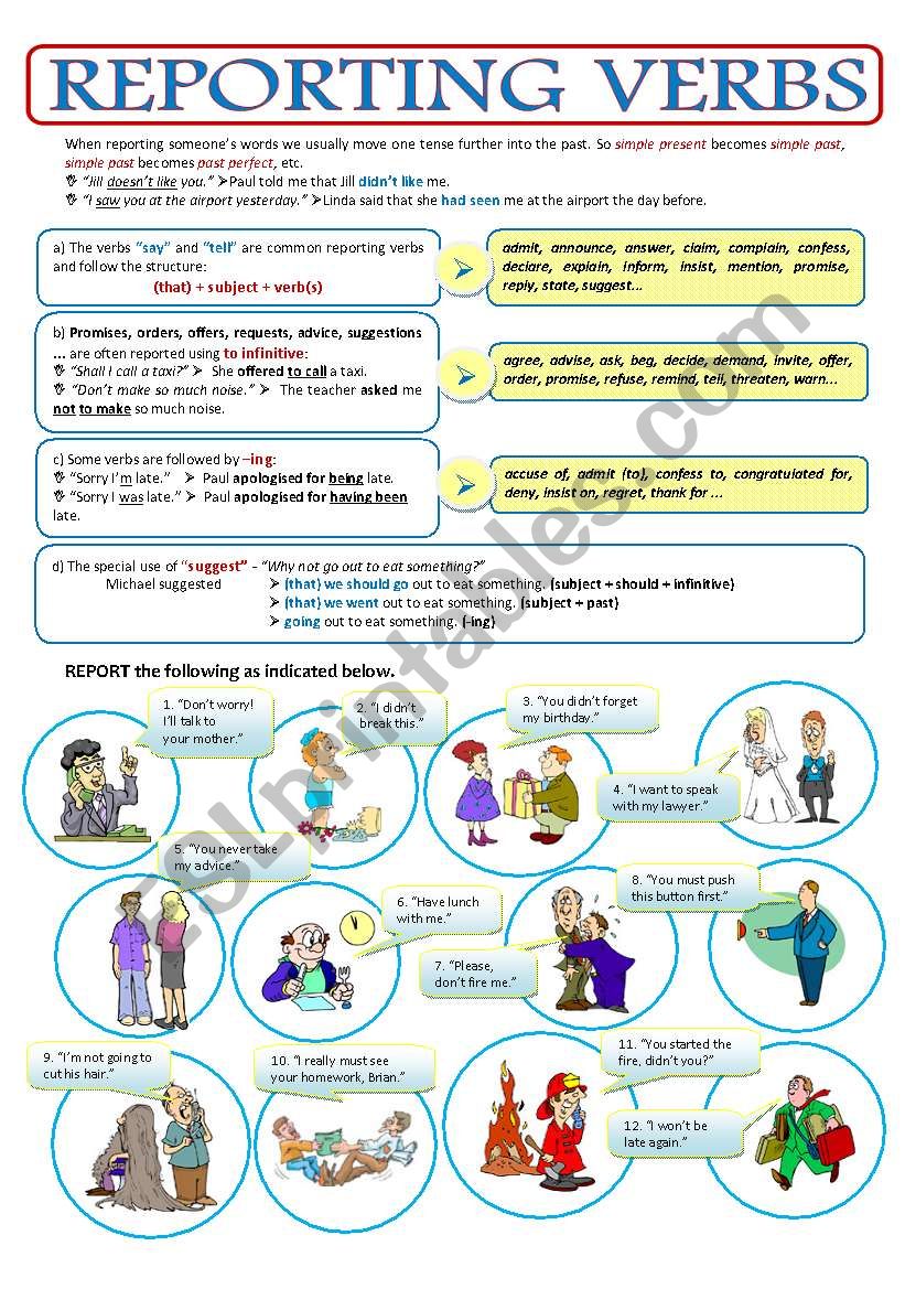 PART 3 - THE REPORTED SPEECH - REPORTING VERBS - 2page ws + key