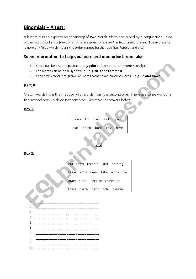 Binomials worksheet