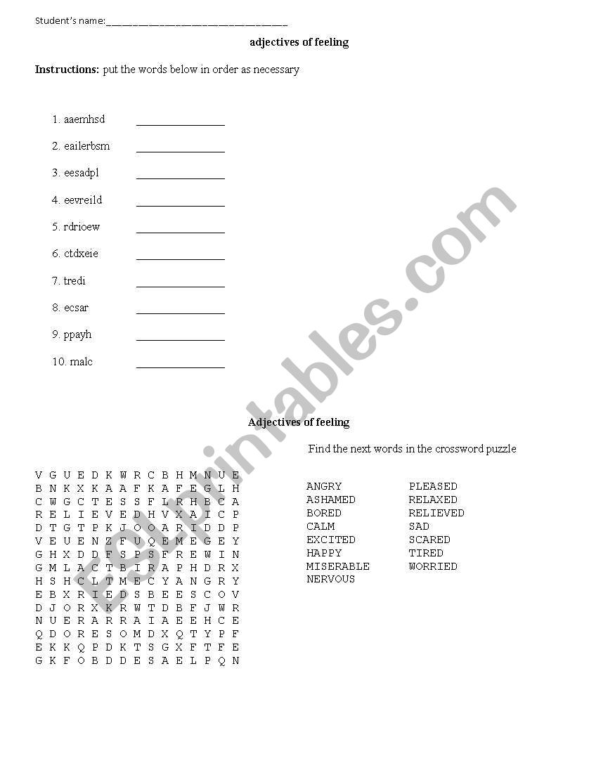 adjectives for feelings worksheet