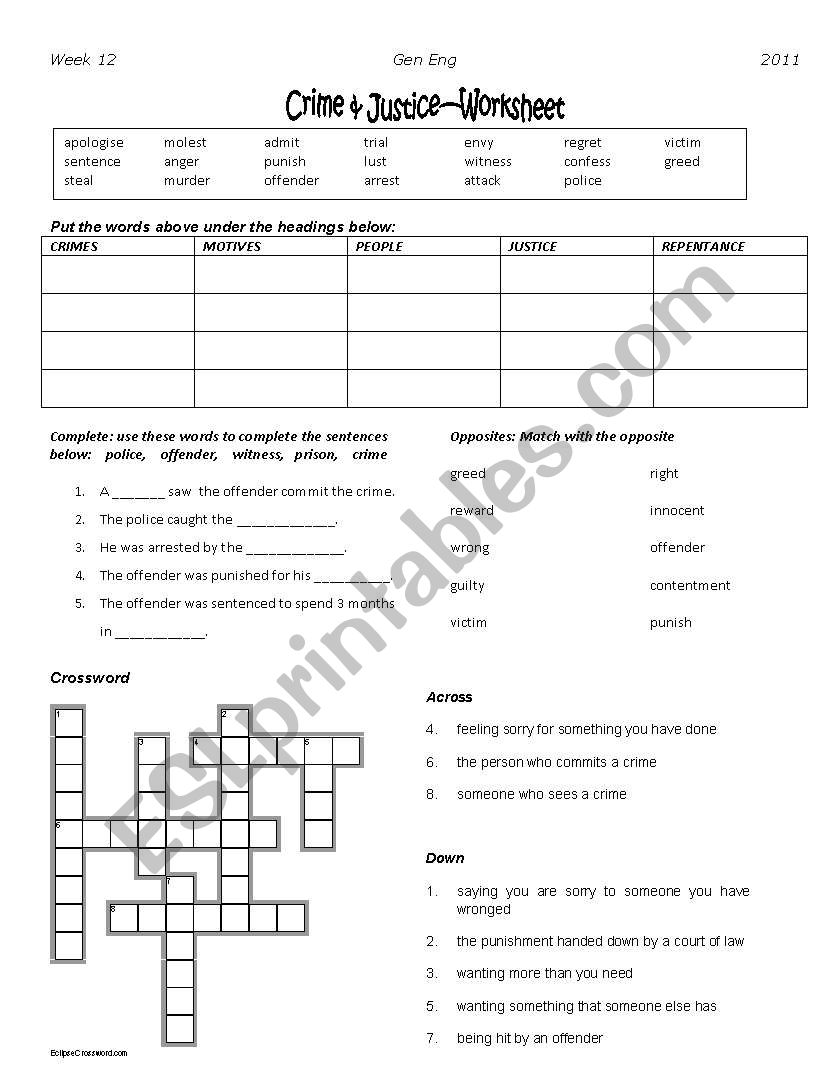 Crime and Justice  worksheet