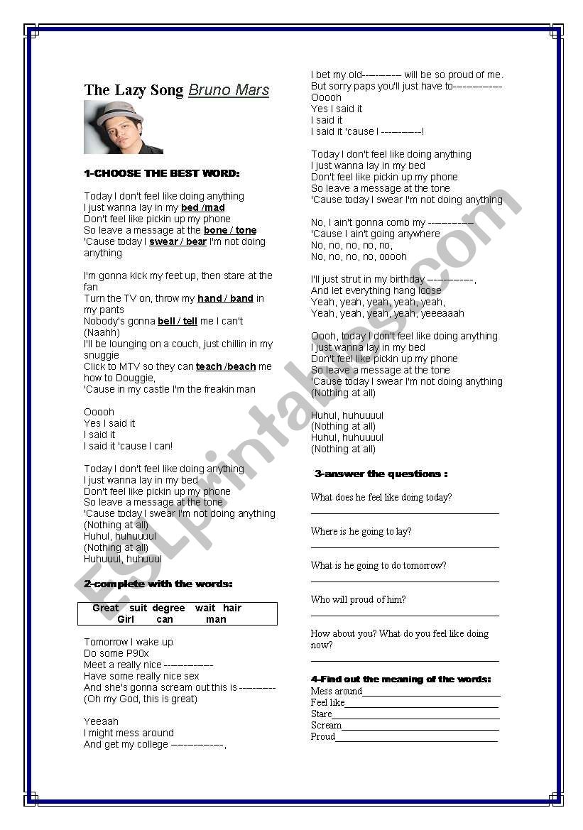 The lazy song worksheet