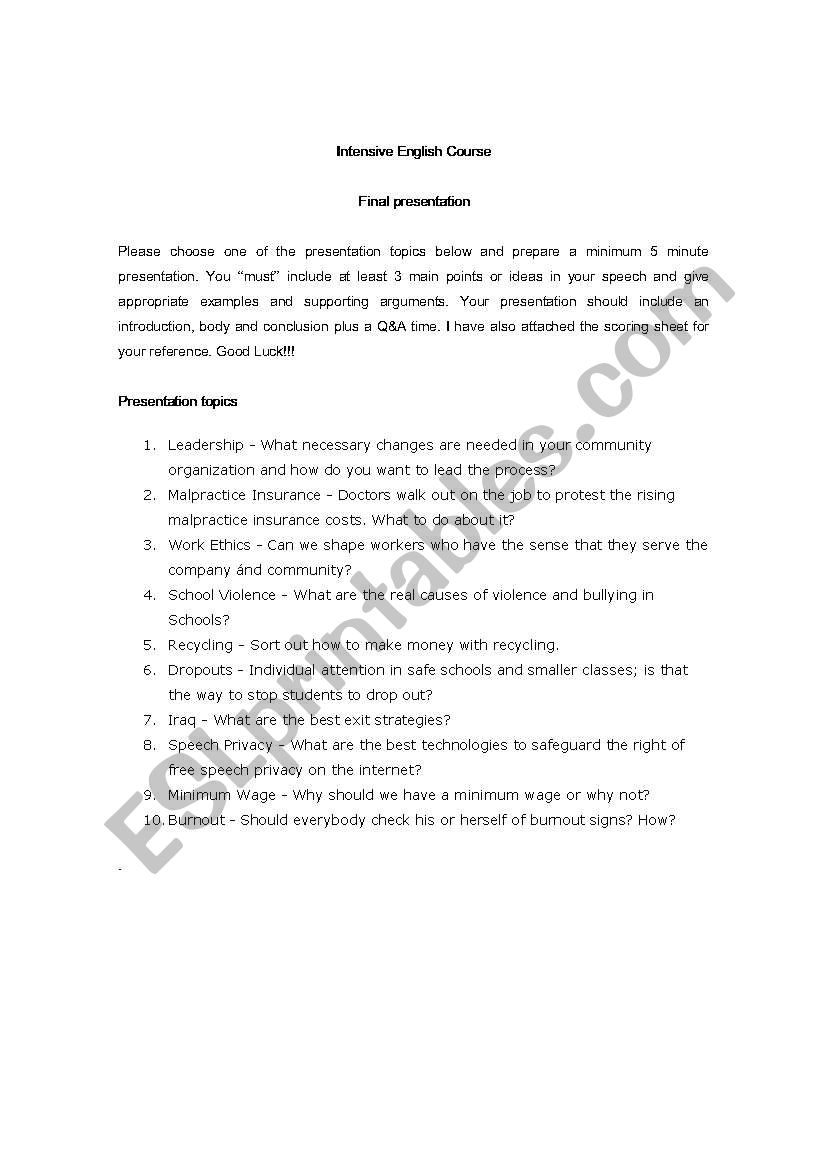 Final Presentation Activity worksheet