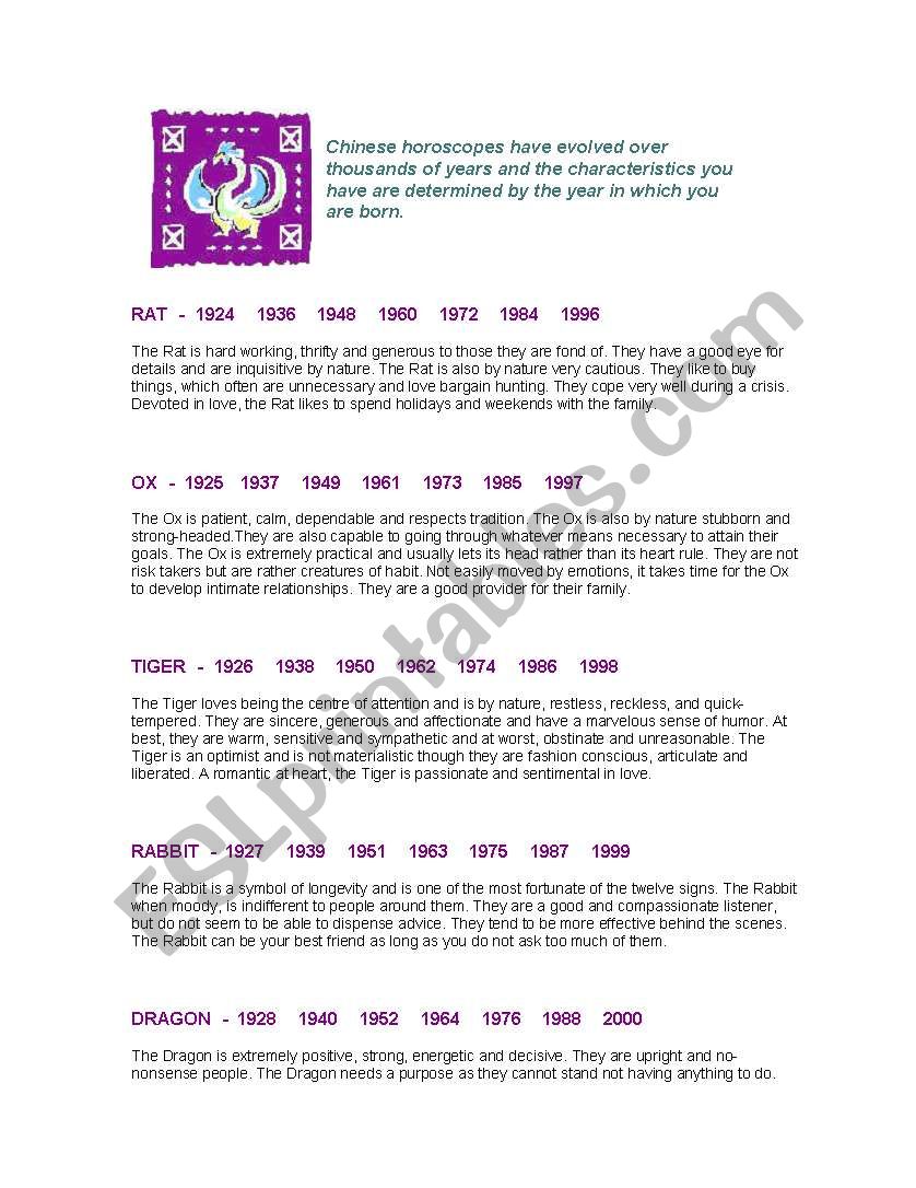 Chinese horoscopes worksheet