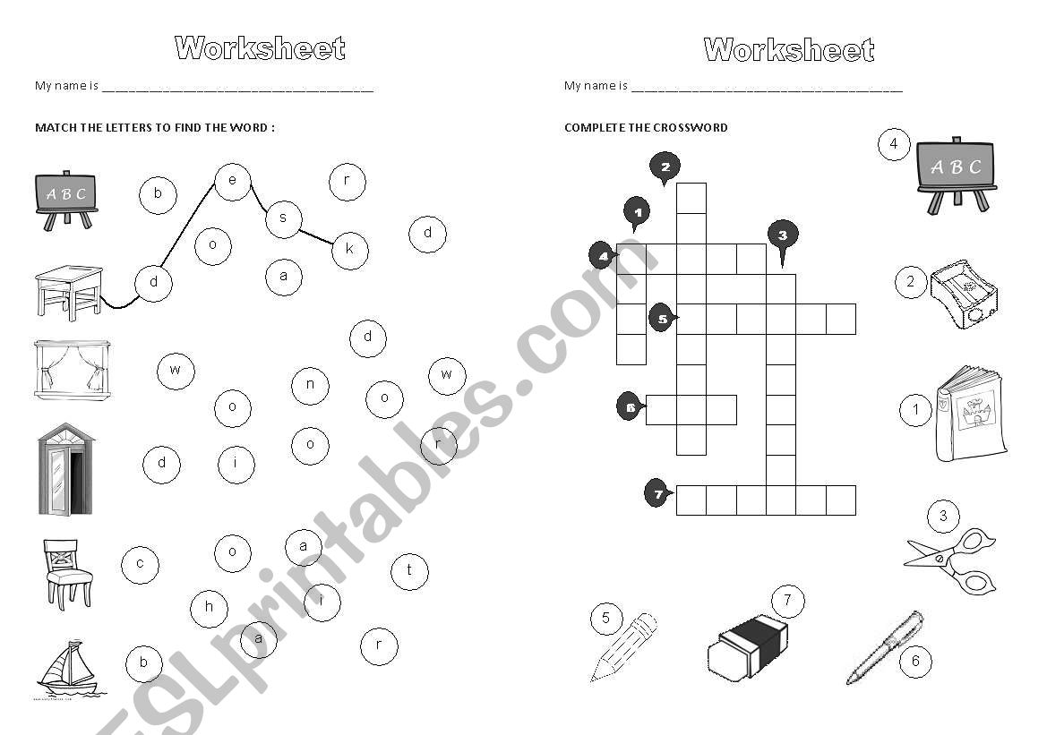 school objects worksheet