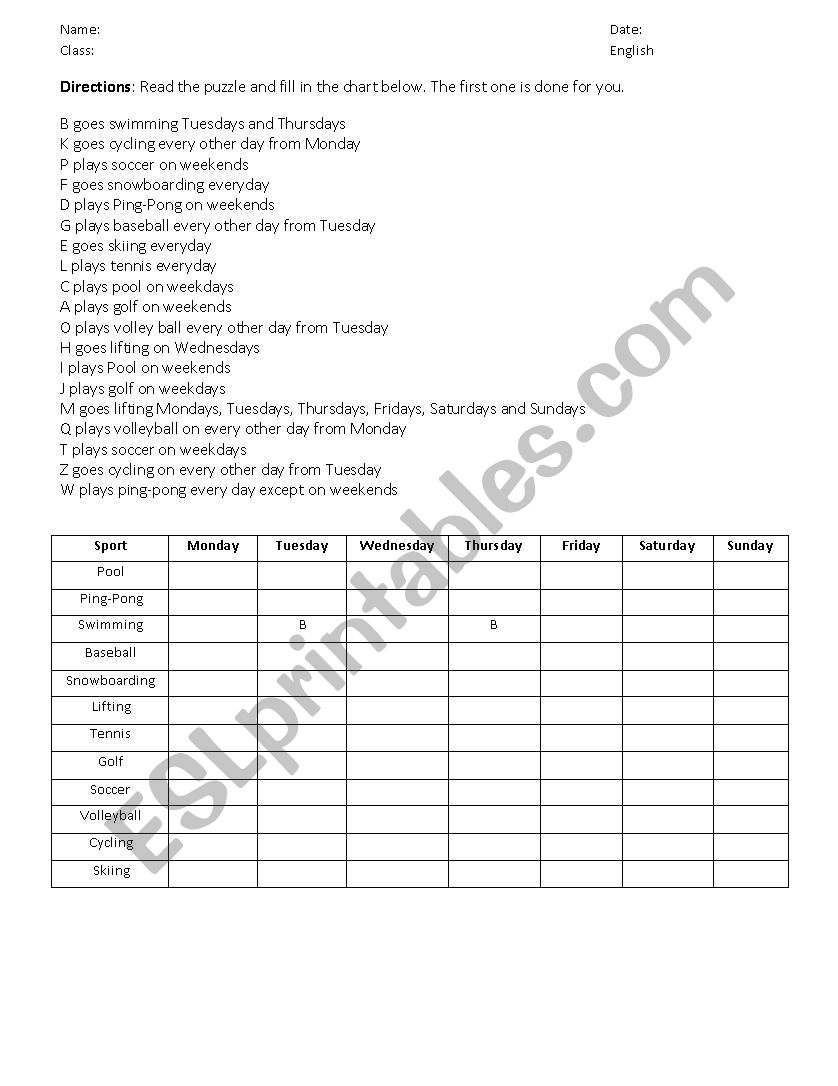 Puzzle: Sports & Weekdays worksheet