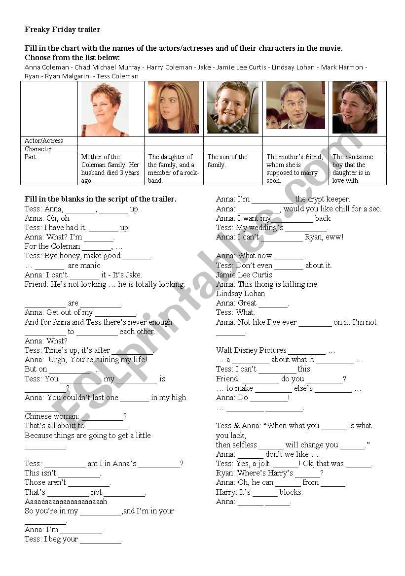 Freaky Friday trailer worksheet