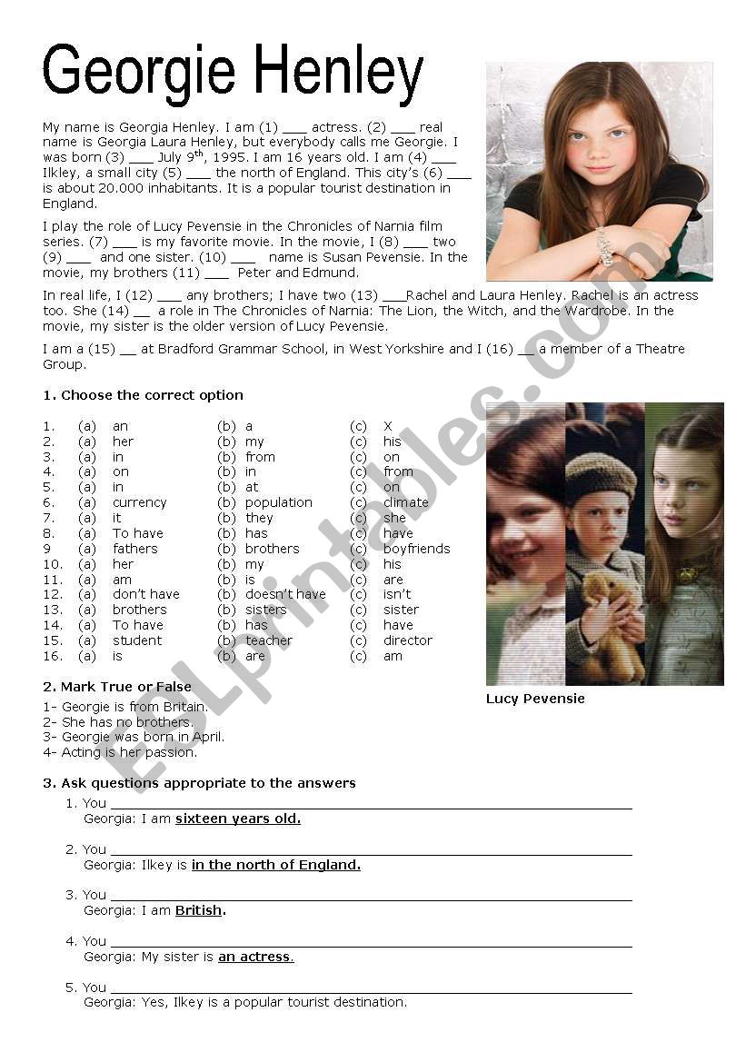 Georgie Henley worksheet