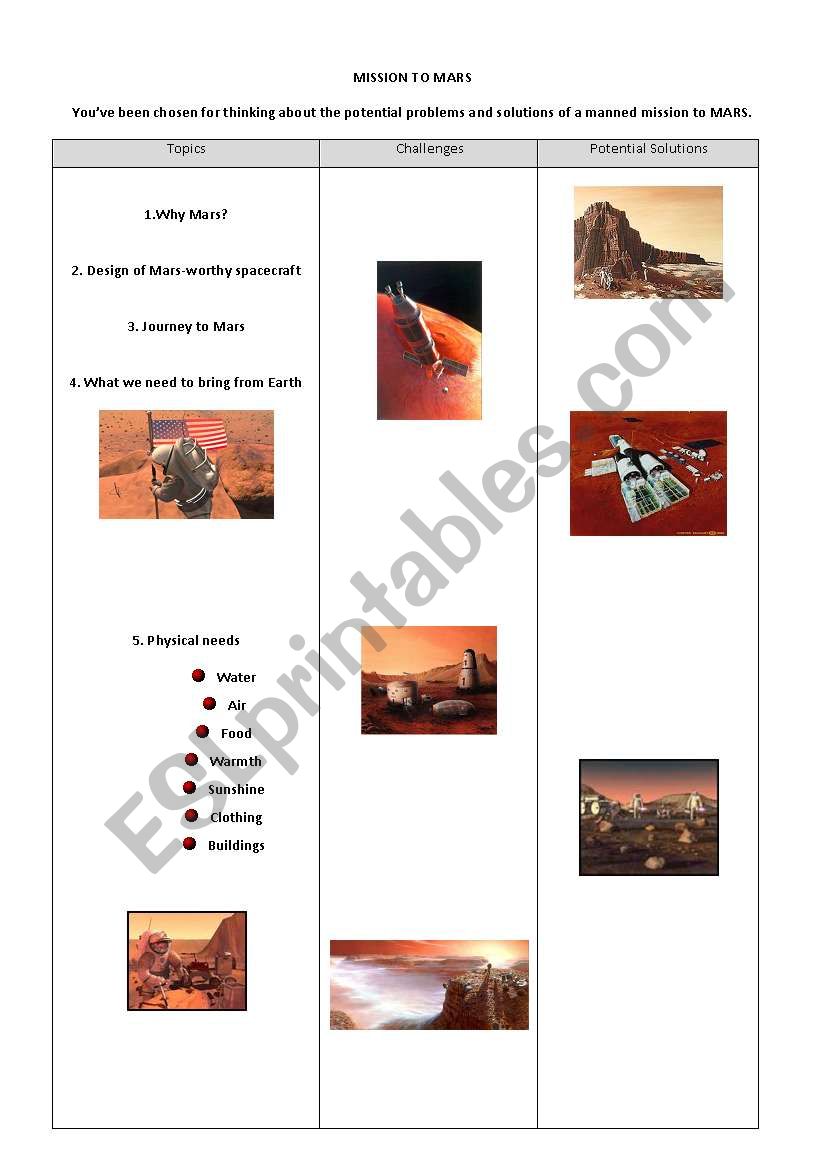 Mission to Mars worksheet