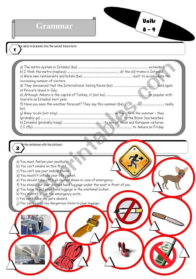 Grammar and vocabulary exercises for students of tourism industry 3 pages plus answer key.