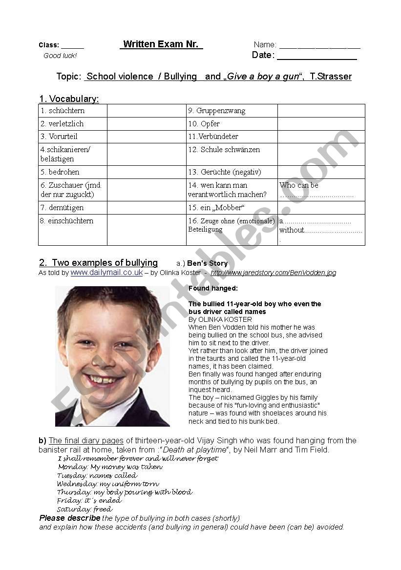 School violence worksheet