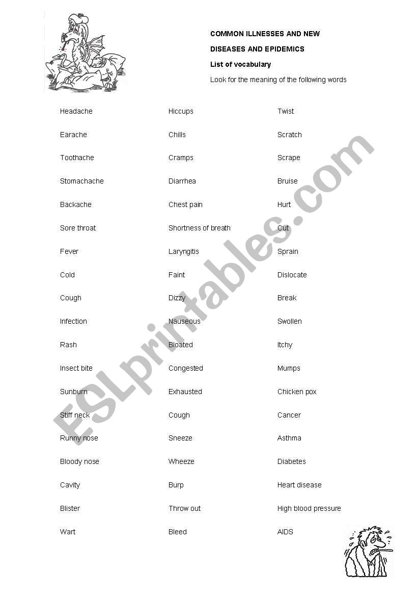 Illnesses and sympthoms worksheet