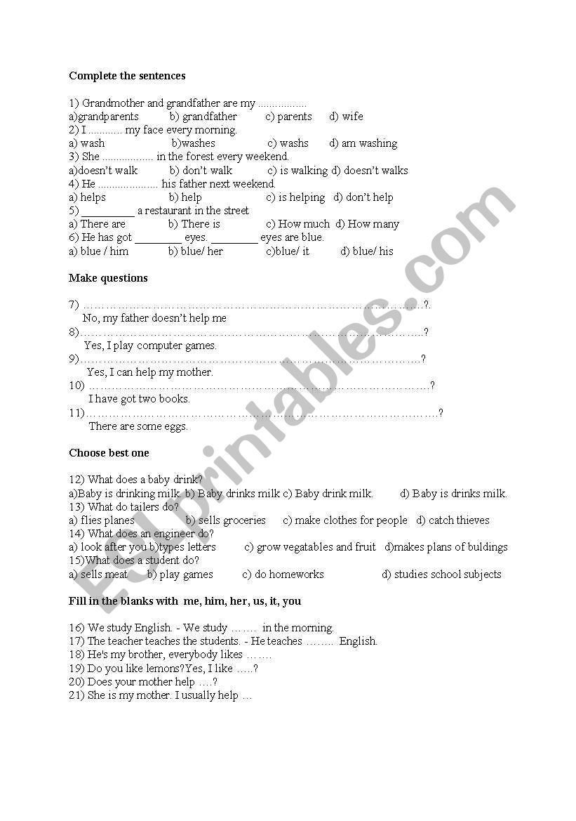 exam worksheet