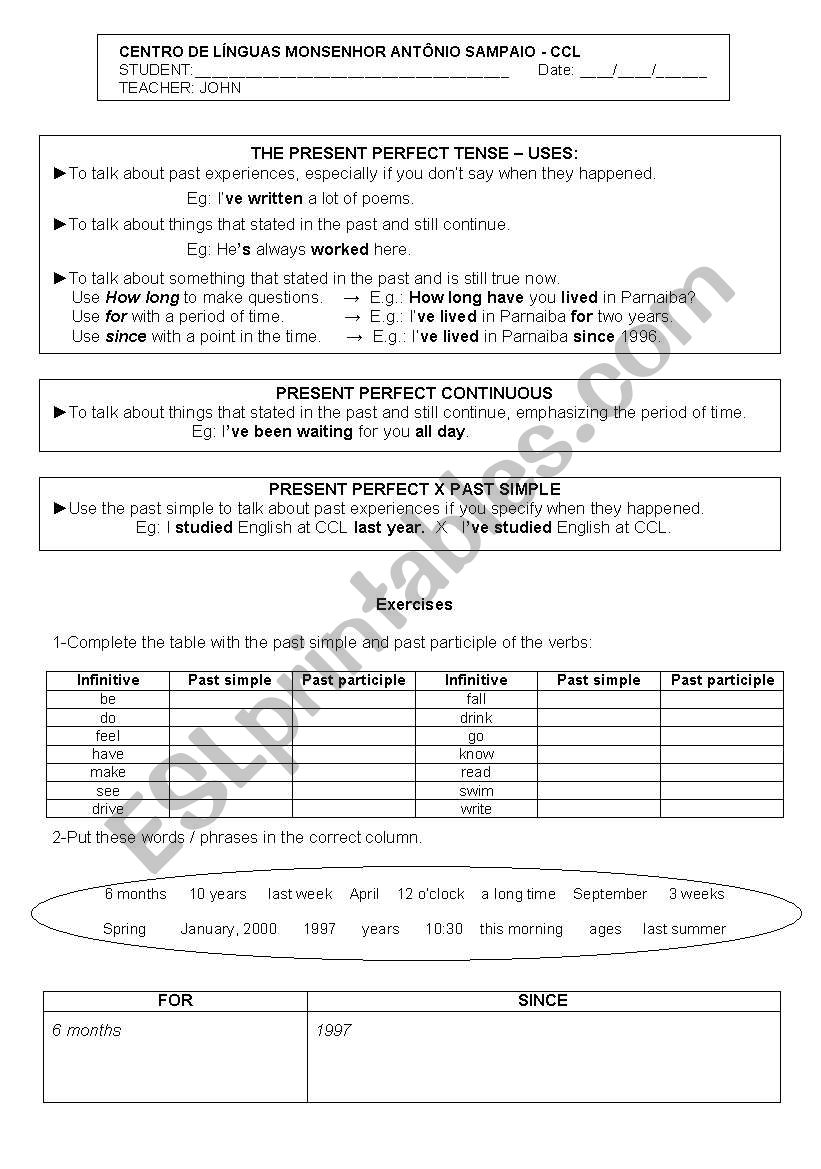 The Present Perfect Tense worksheet