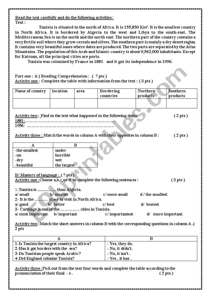 Tunisia worksheet