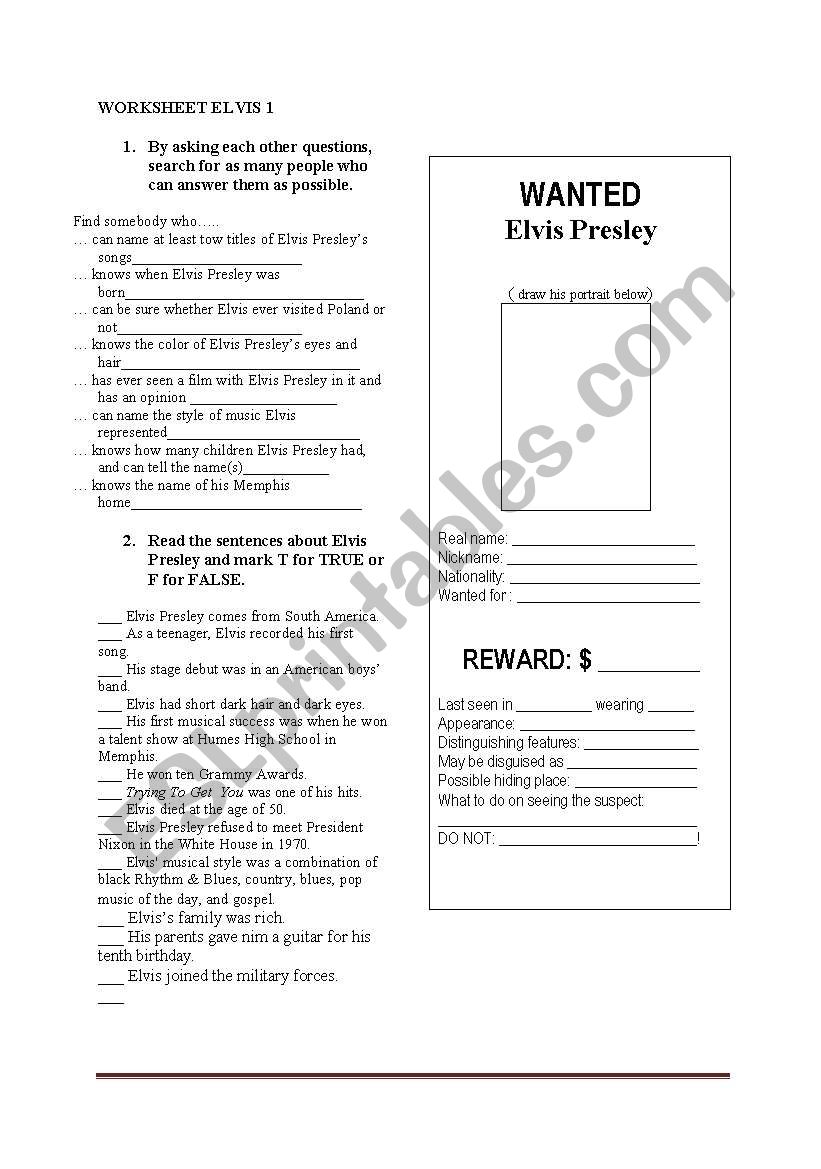 Elvis Presley worksheet worksheet