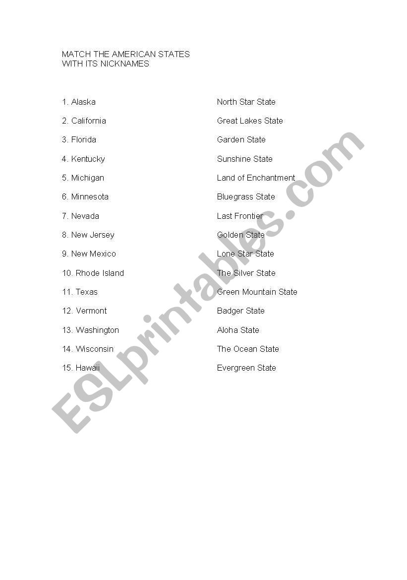 American States Nicknames worksheet