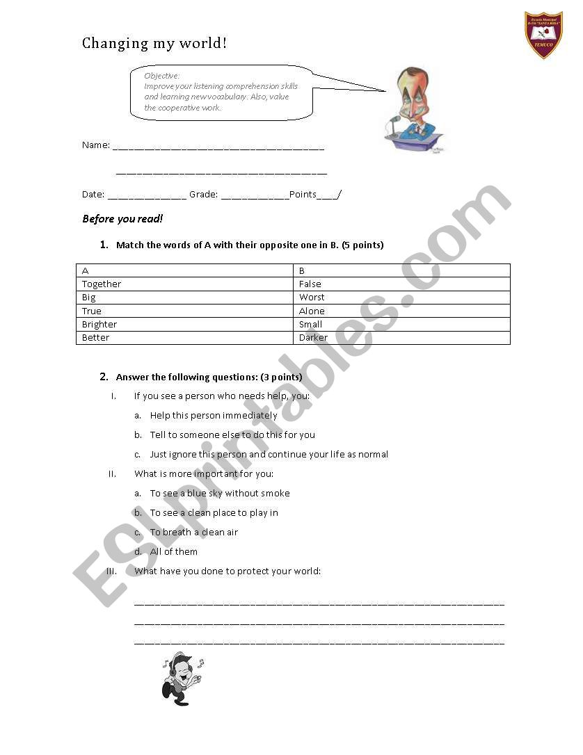 changing my world worksheet