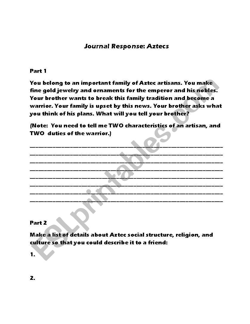 Aztec Journal Response worksheet