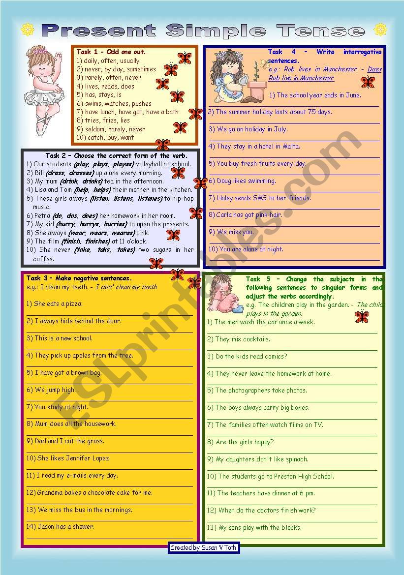 Present Simple Tense *** 2 pages *** 9 tasks *** with key *** fully editable