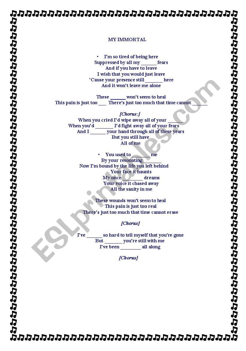 my immortal worksheet