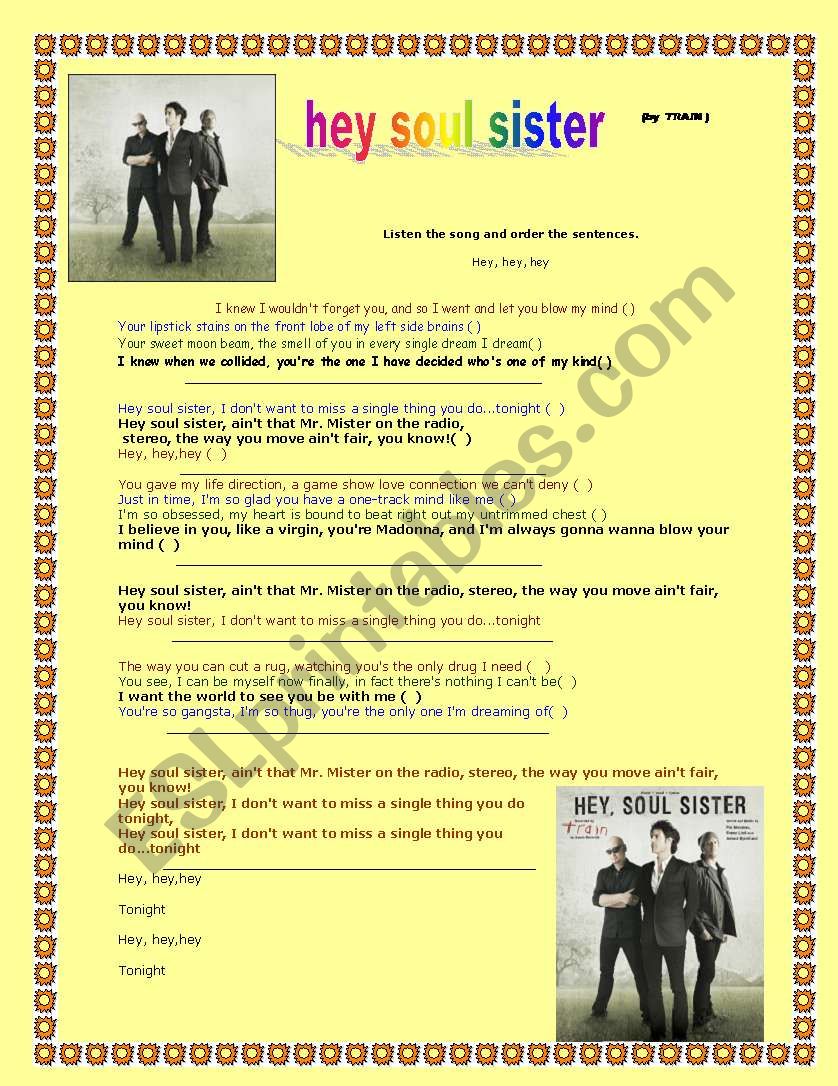 HEY SOUL SISTER worksheet