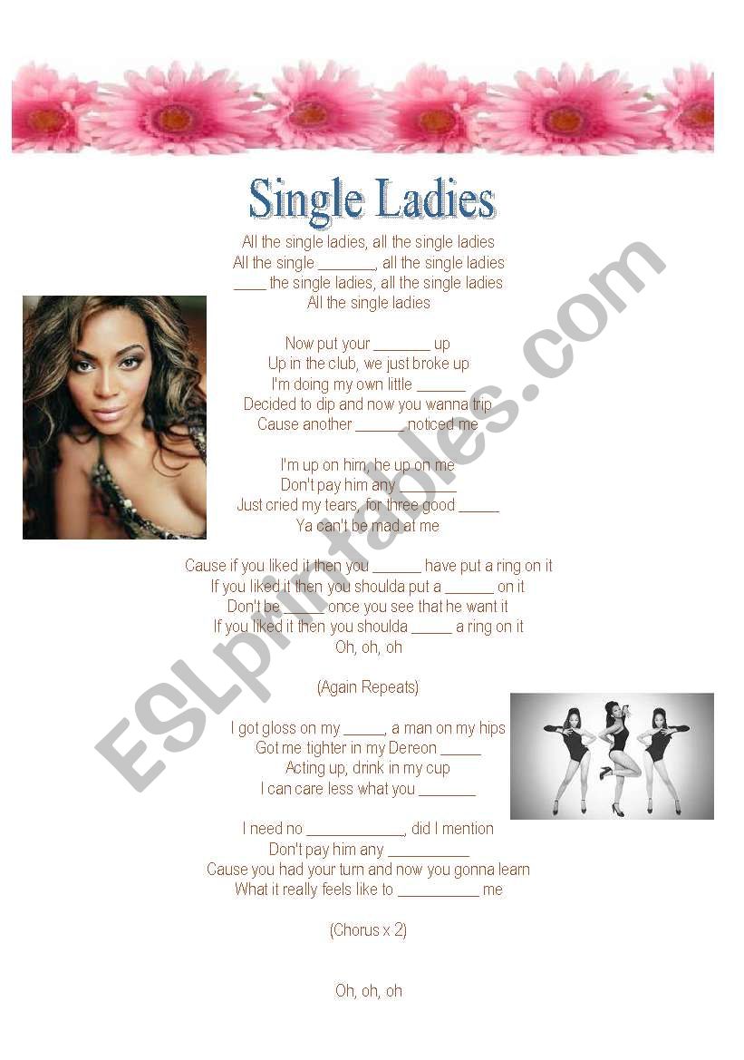 Single ladies song worksheet
