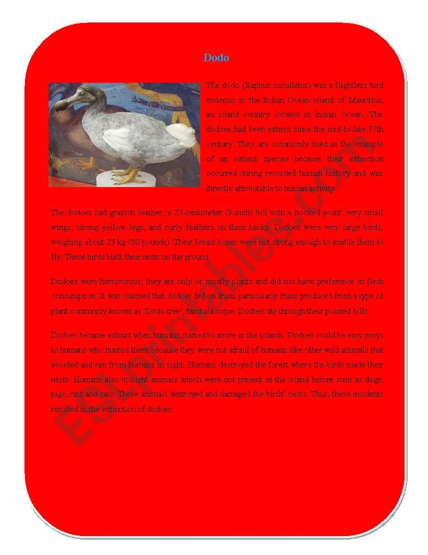 Extinct Animal Part 7 ( Dodo) worksheet