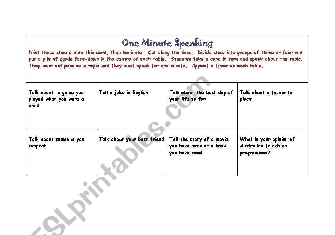 One-Minute Speaking worksheet
