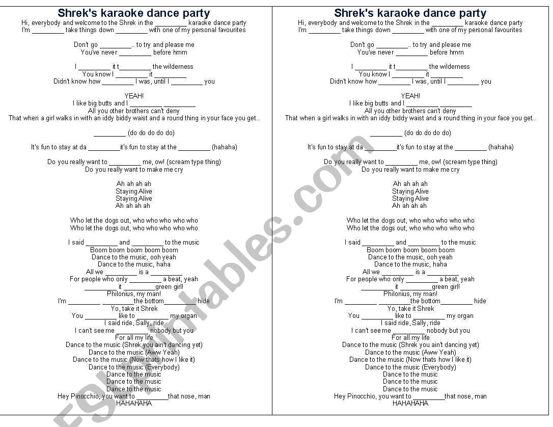 Shrek Karaoke dance party worksheet