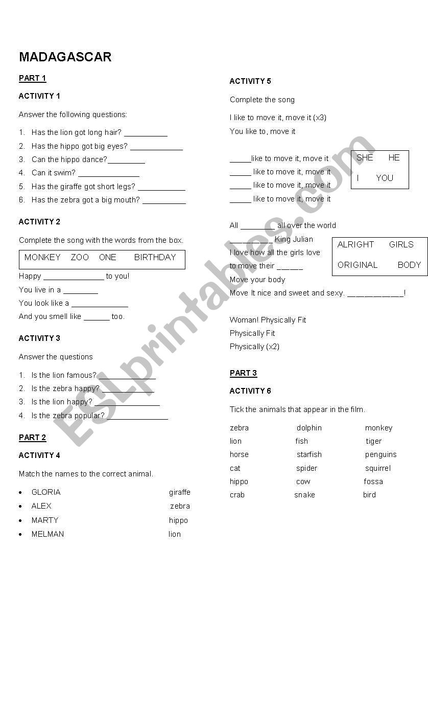 Madagascar . movie worksheet worksheet