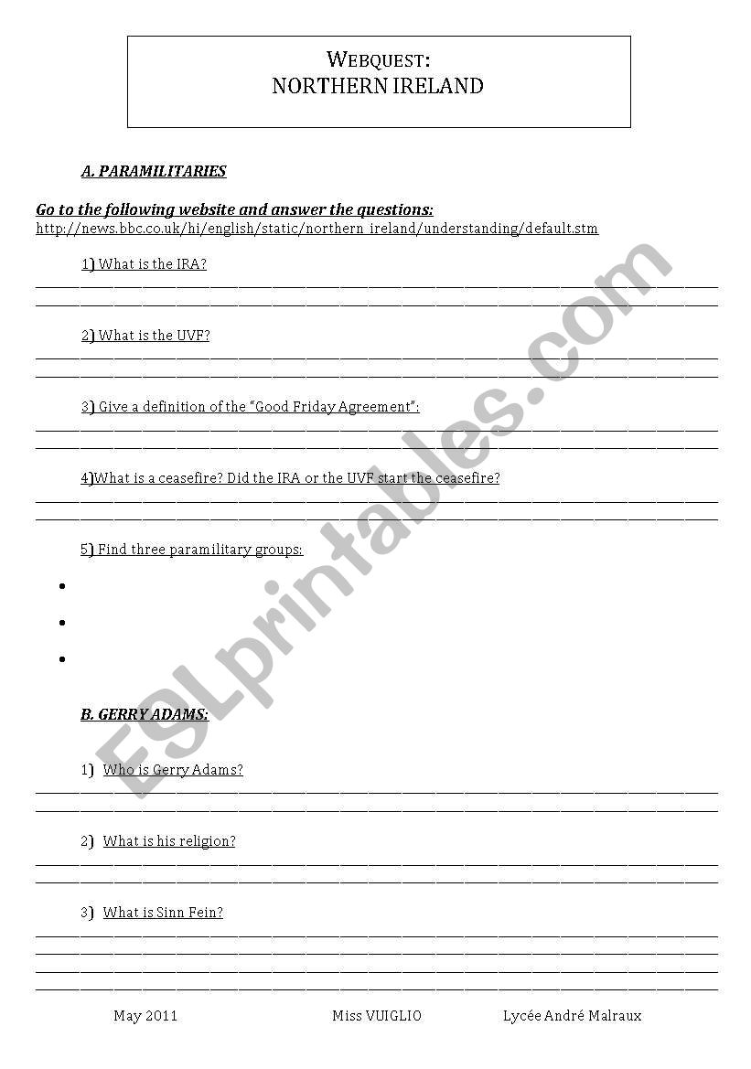 Northern Ireland Webquest worksheet