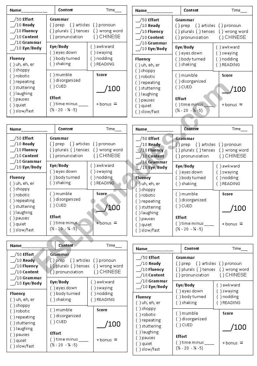 Speaking Test Mark Sheet worksheet