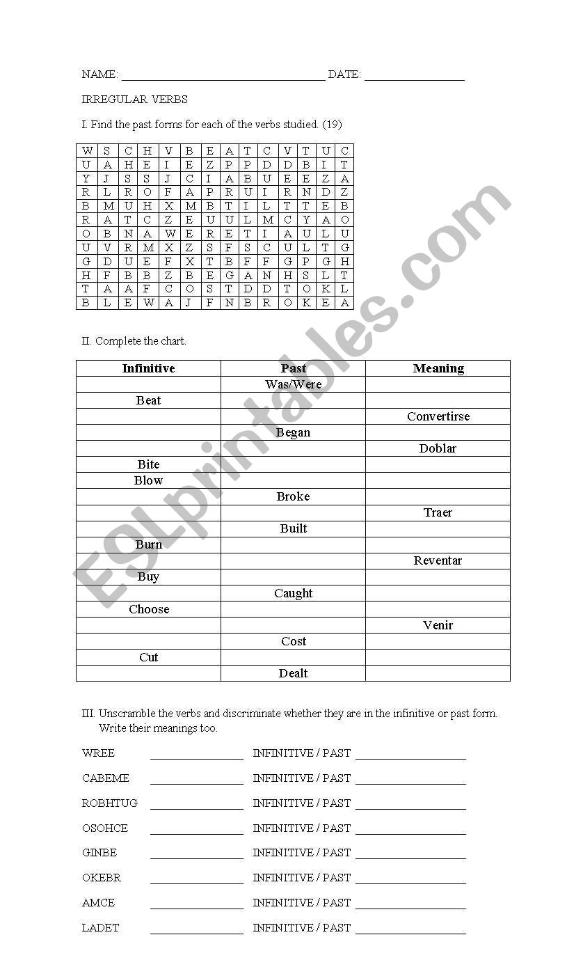 Irregular Verbs A to C worksheet