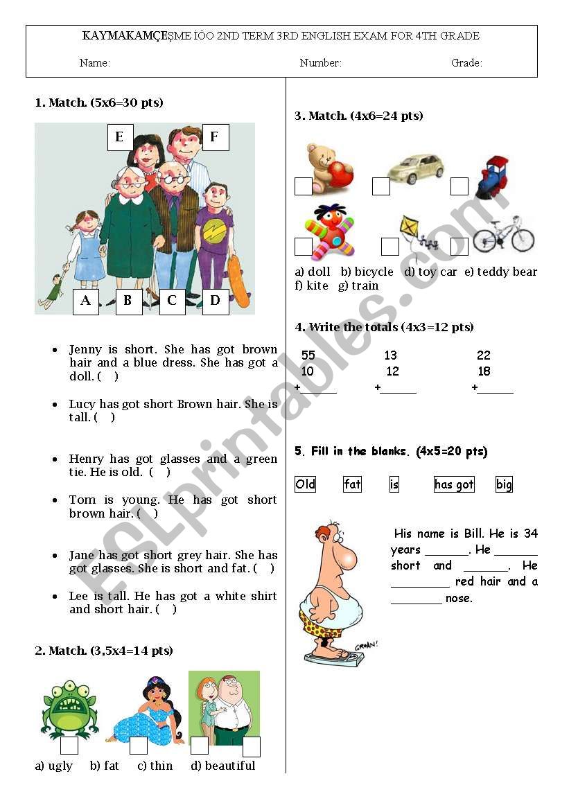 4th grade exam including toys, adjectives, describing people and numbers