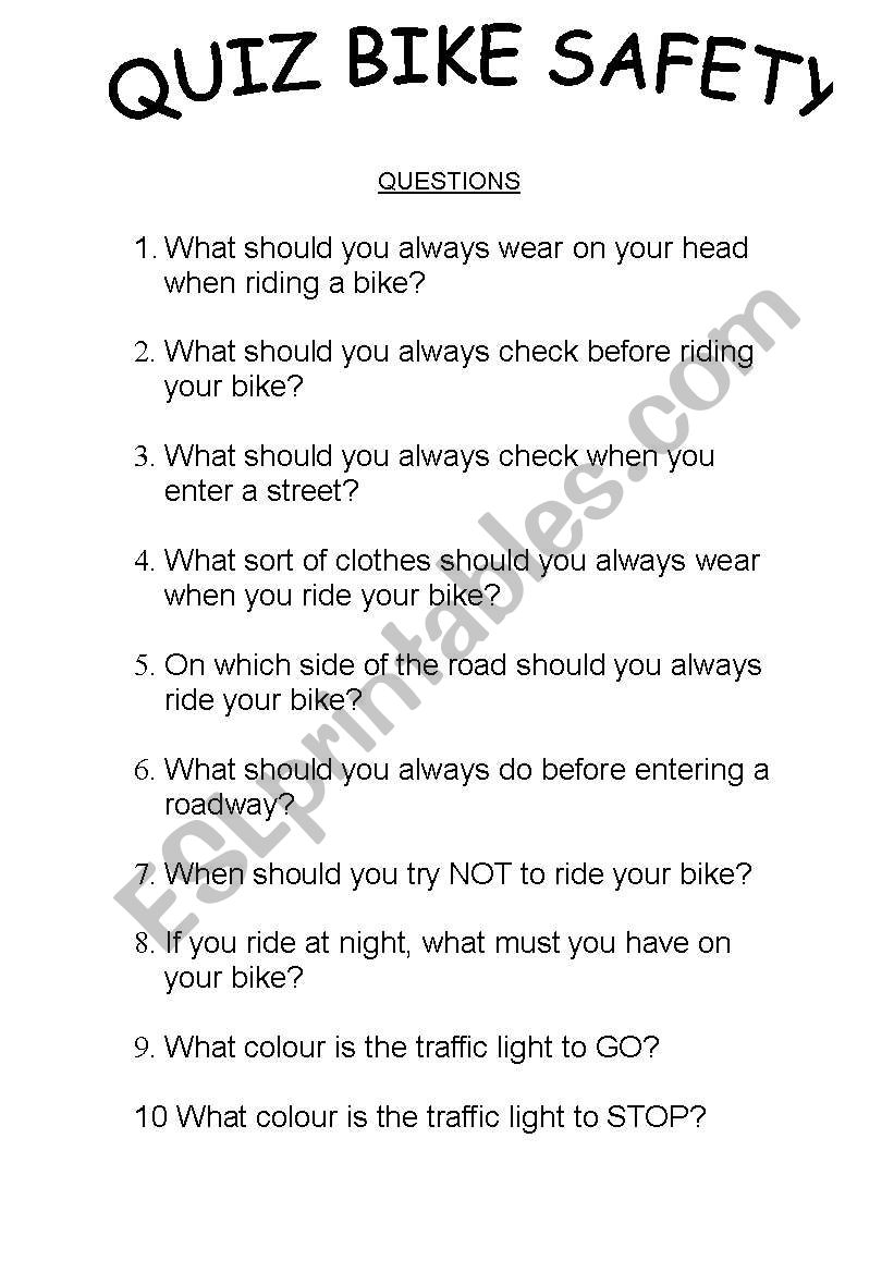 bike safety quiz worksheet