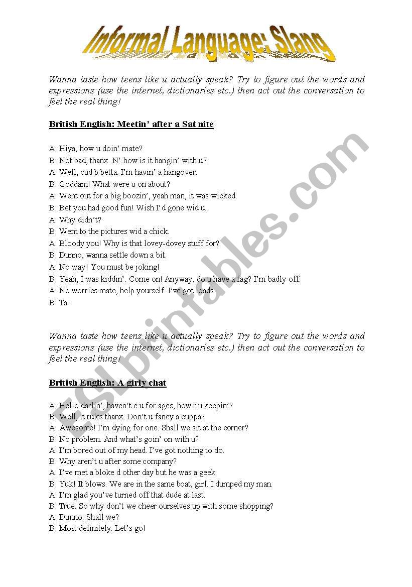 Informal language: Slang worksheet