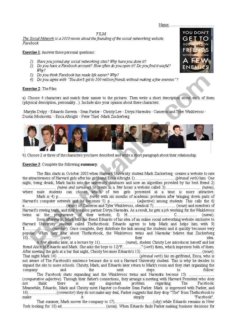 The Social Network movie worksheet